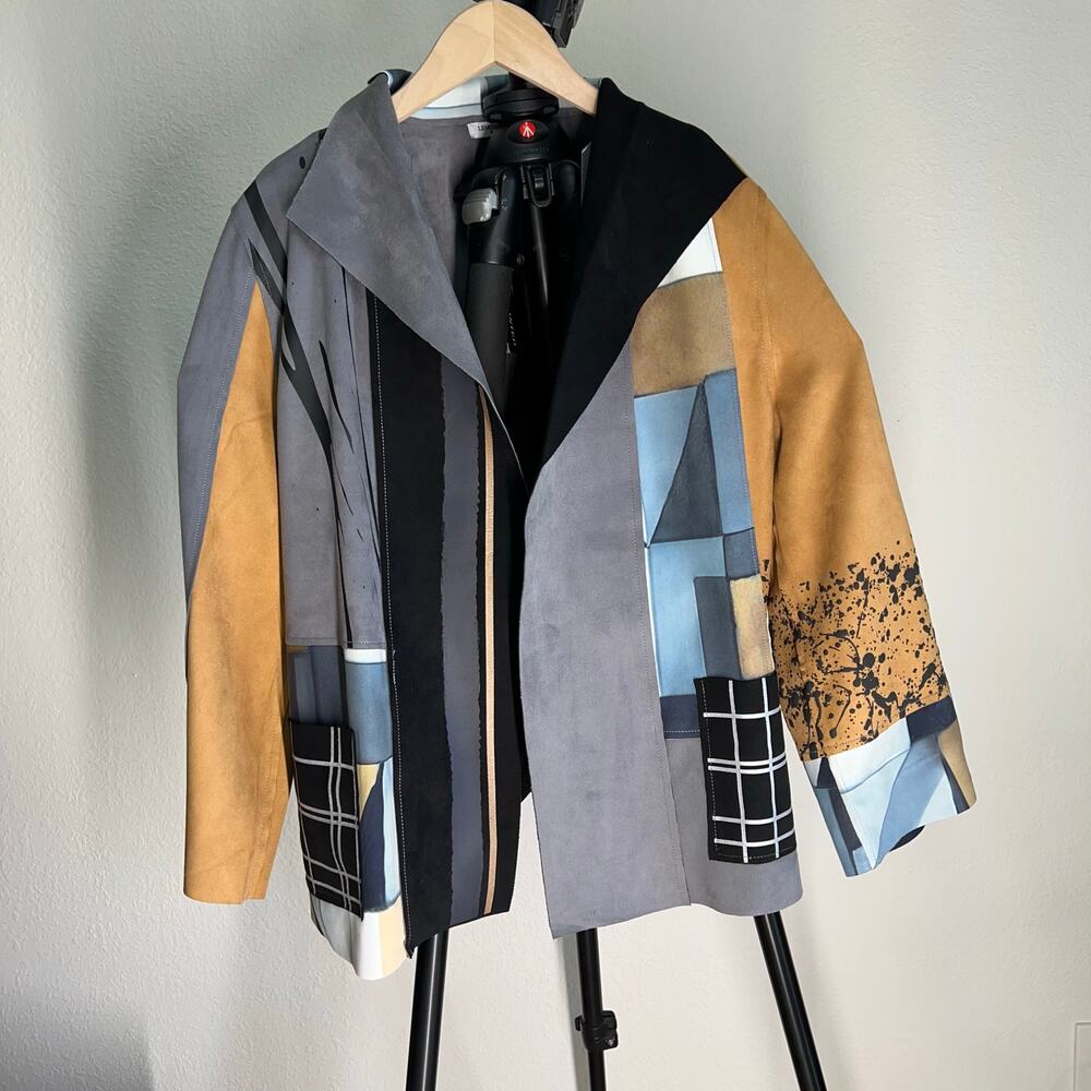 Lemongrass Leather Suede Patchwork Hand Printed Jacket NWT